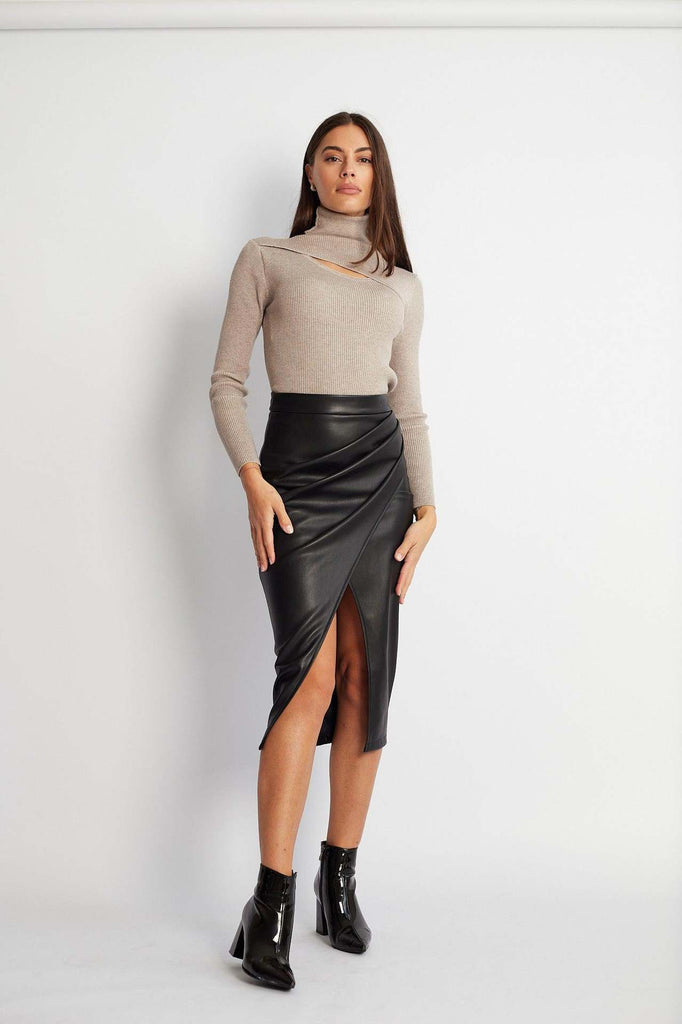 High Waisted Imitation Leather Skirt Ruched Detail