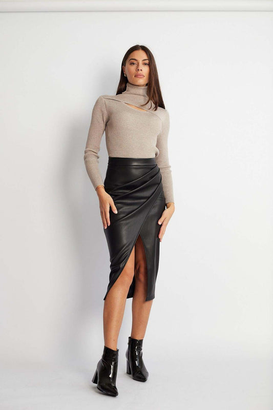 High Waisted Imitation Leather Skirt Ruched Detail