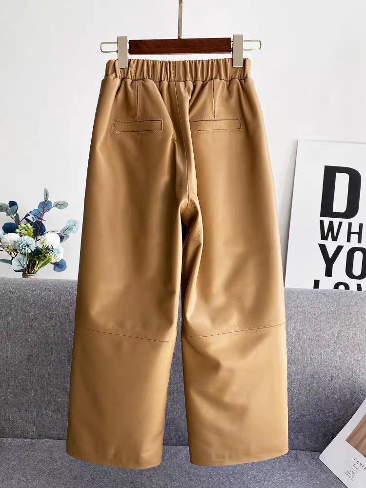 Women High Waisted Genuine Leather Straight Leg Pants