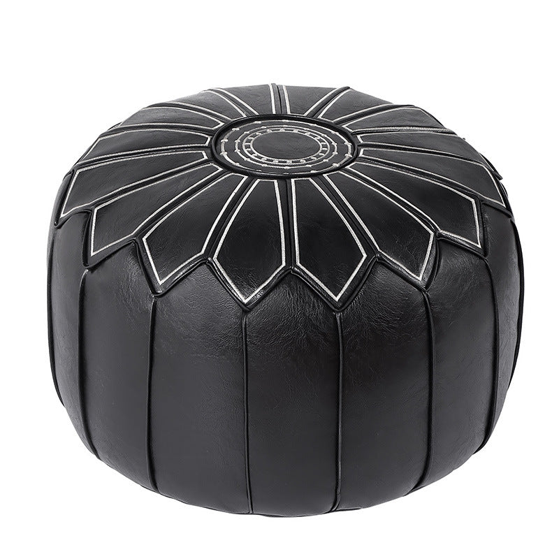 Round Faux Leather Pouf Ottoman Cover with Pumpkin Stitching