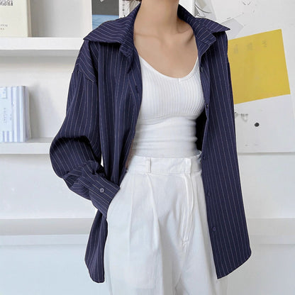 Cotton Striped Print Shoulder Shirt Blouse