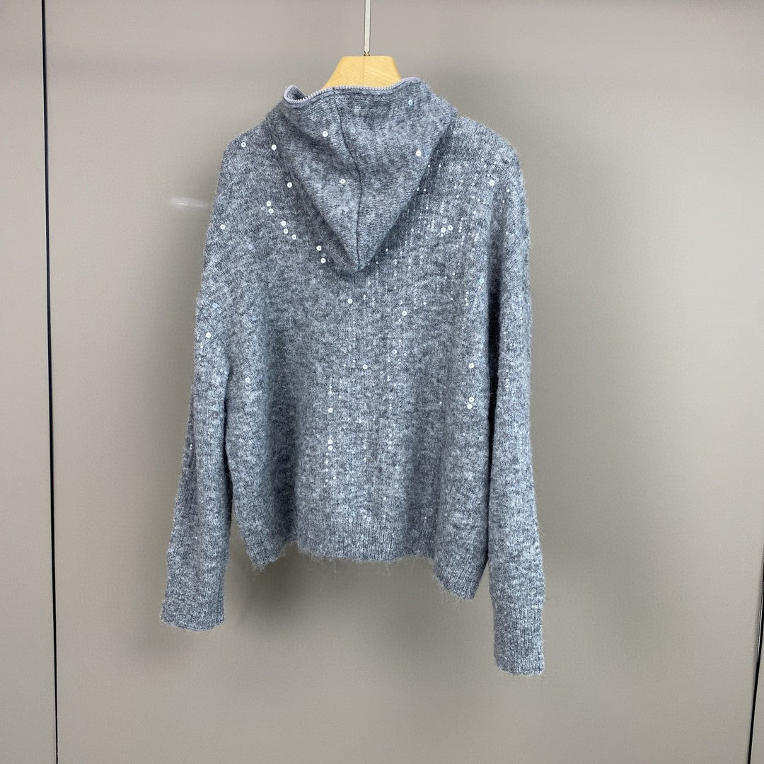 Women Mohair Cashmere Sequin Zip Cardigan Hoodie