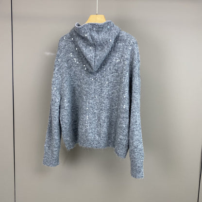 Women Mohair Cashmere Sequin Zip Cardigan Hoodie