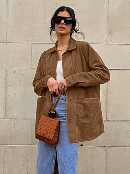 Brown Faux Suede Jacket Women’s Long Sleeve Lapel Coat with Pockets