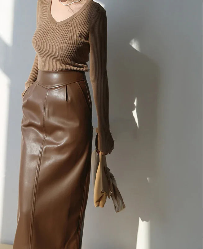 Brown sheepskin mid length bodycon leather skirt with slit