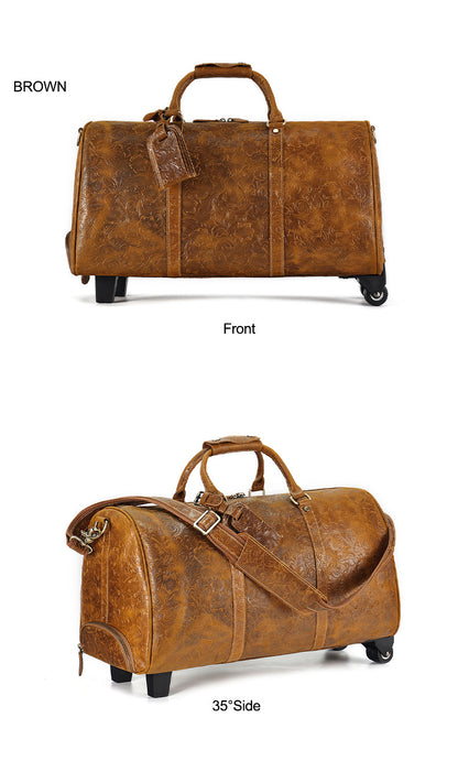 Genuine Leather Trolley Travel Bag Rolling Duffel