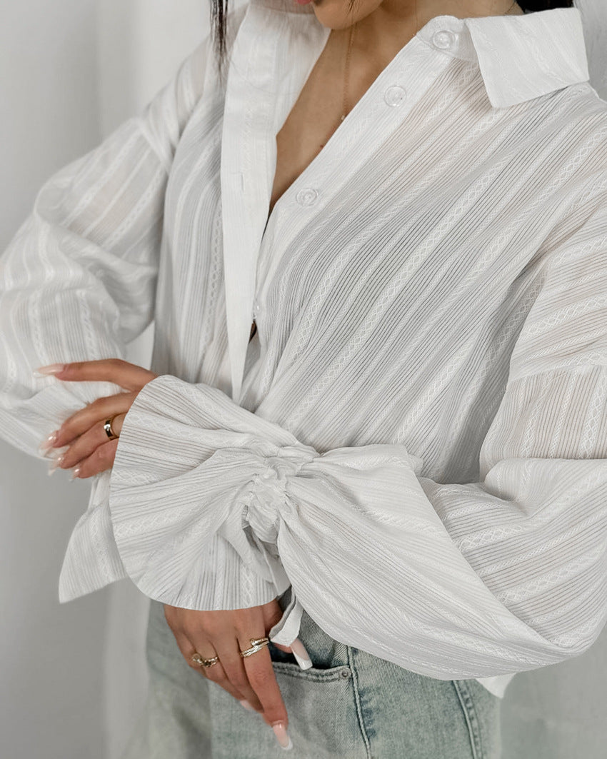 Women’s White Jacquard Cotton Shirt with Bell Sleeves