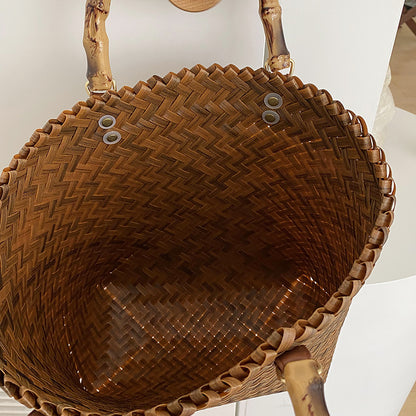 Large Rattan Beach Tote Bag with Bamboo Handles