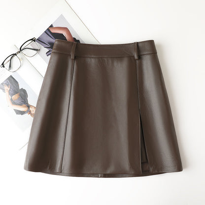 high waisted a-line mini leather skirt with front slit
