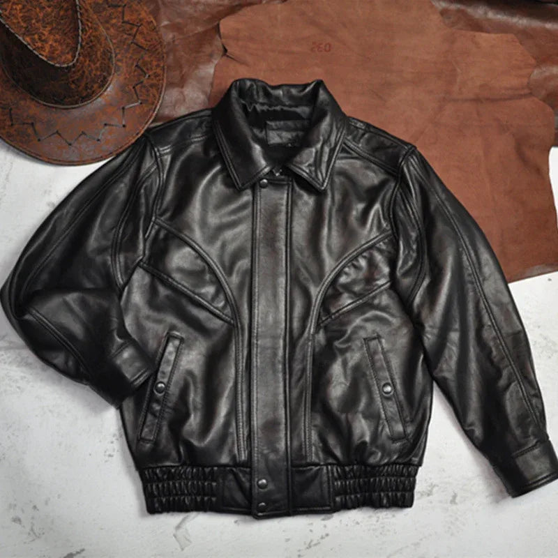 Retro oversized leather flight jacket with dropped shoulder