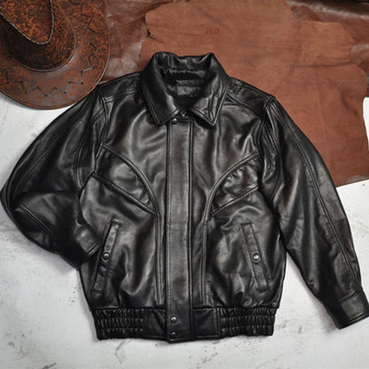 Retro oversized leather flight jacket with dropped shoulder