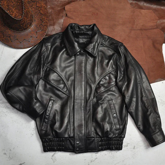 Retro oversized leather flight jacket with dropped shoulder