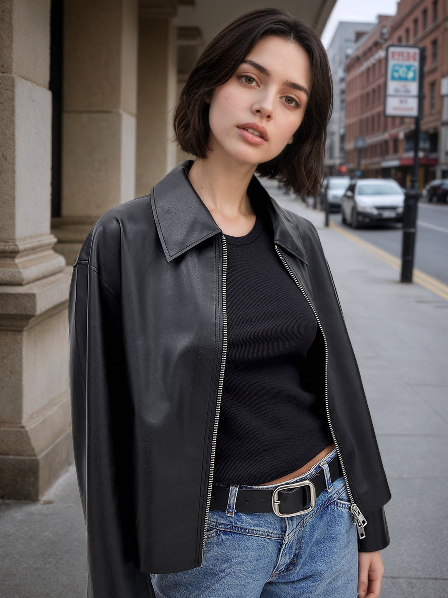 Black Faux Leather Bomber Jacket for Women with Zip Front