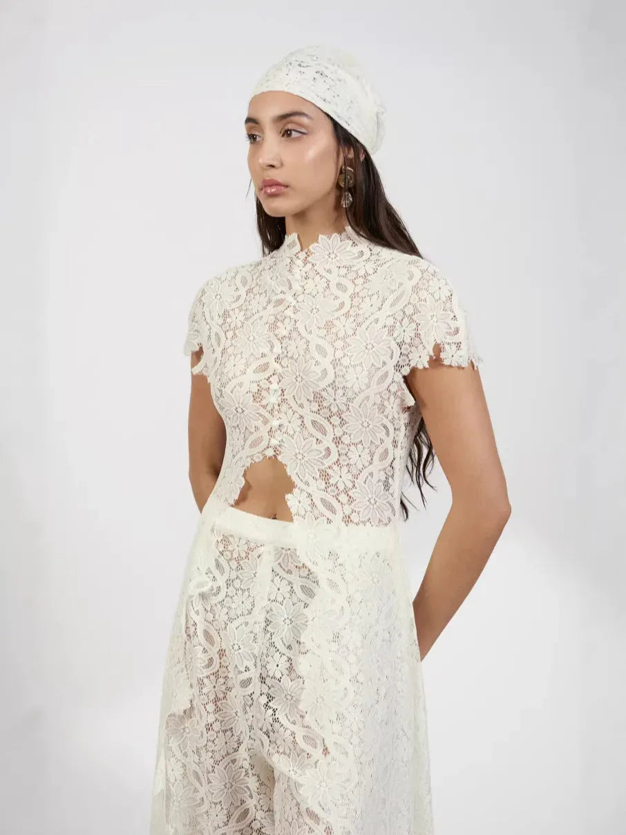 Ivory floral lace straight leg pants set