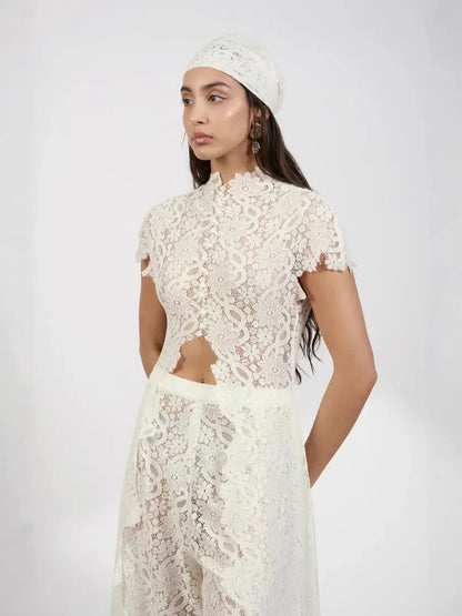 Ivory floral lace straight leg pants set