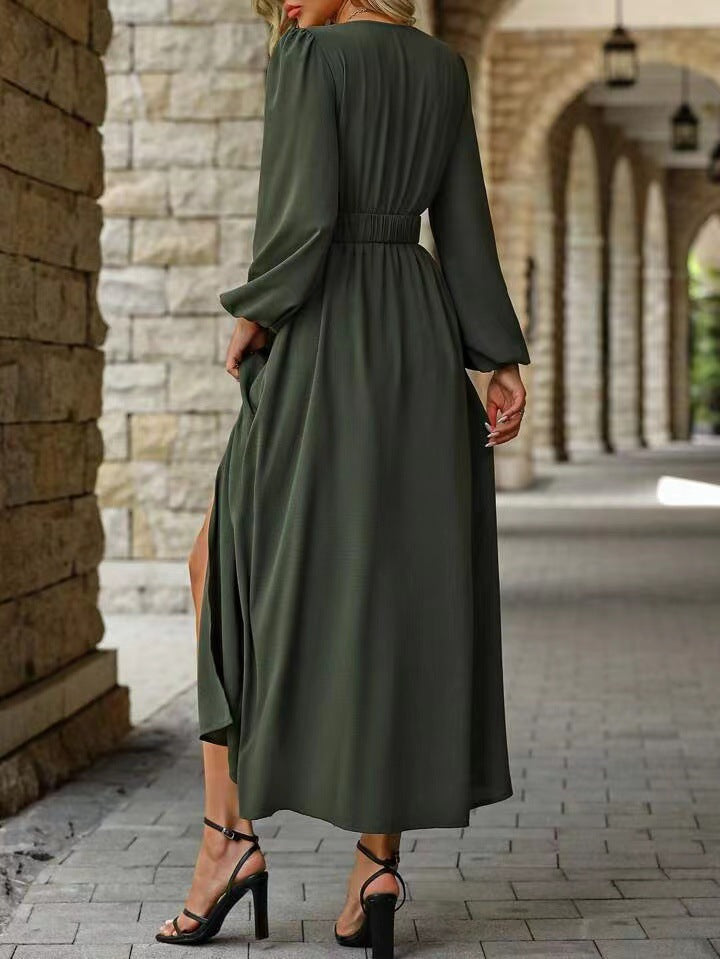 Olive Green V Neck Long Sleeve Belted High Slit Maxi Dress