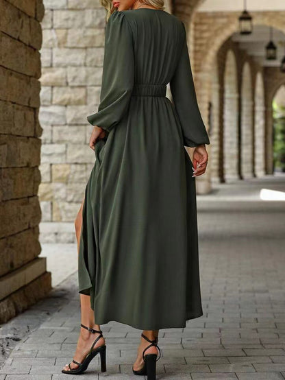 Olive Green V Neck Long Sleeve Belted High Slit Maxi Dress