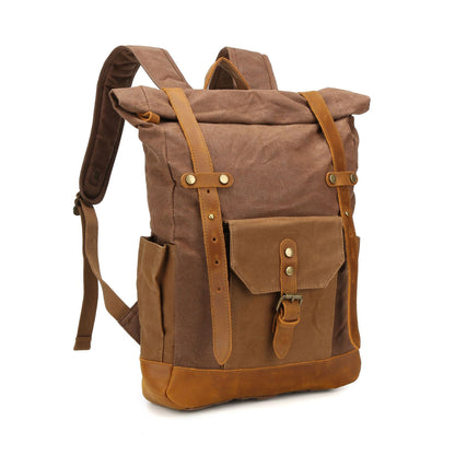 Canvas Backpack with Roll Top, Brown Trim and Organized Storage