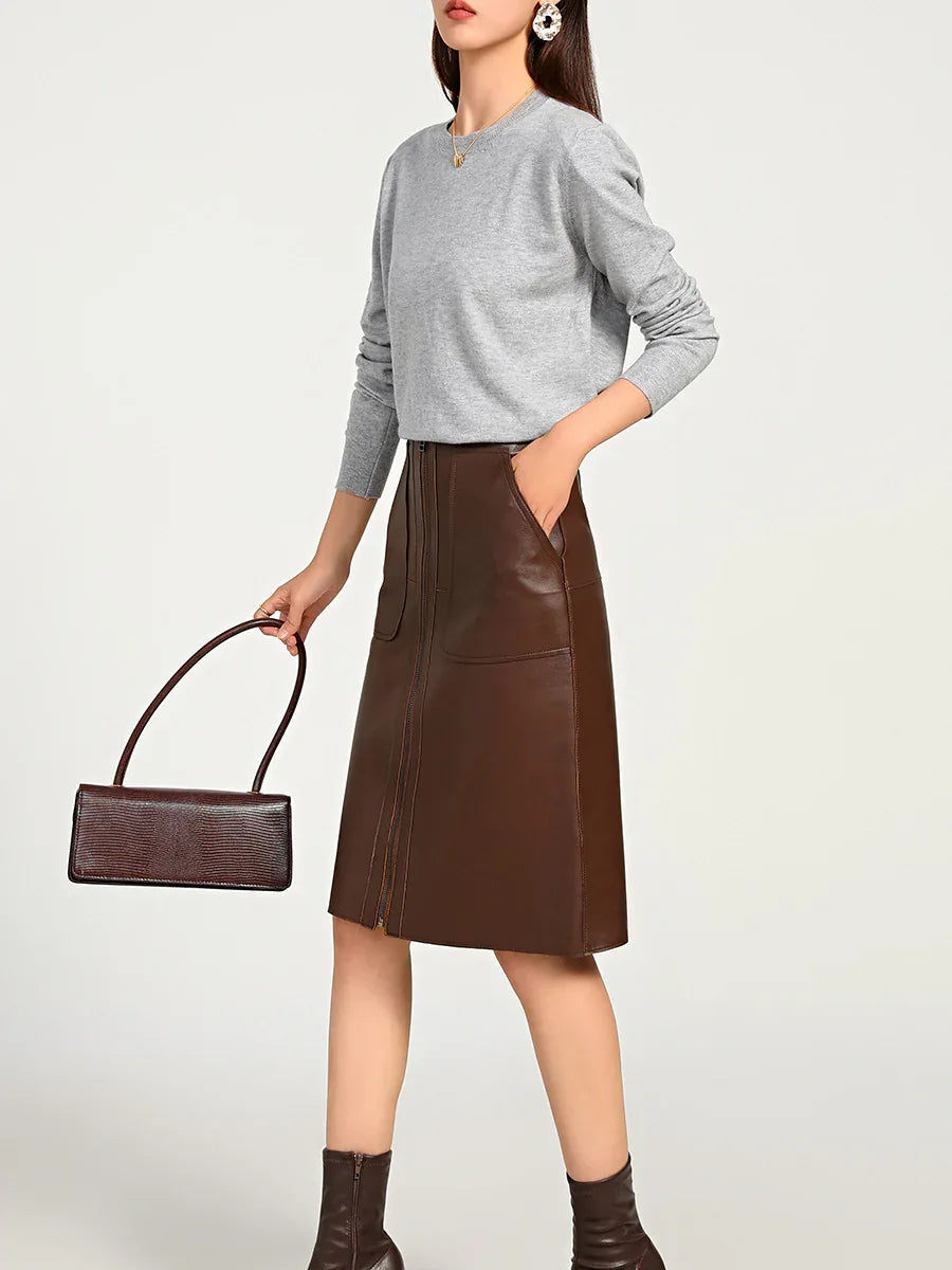 High waisted brown lambskin midi skirt