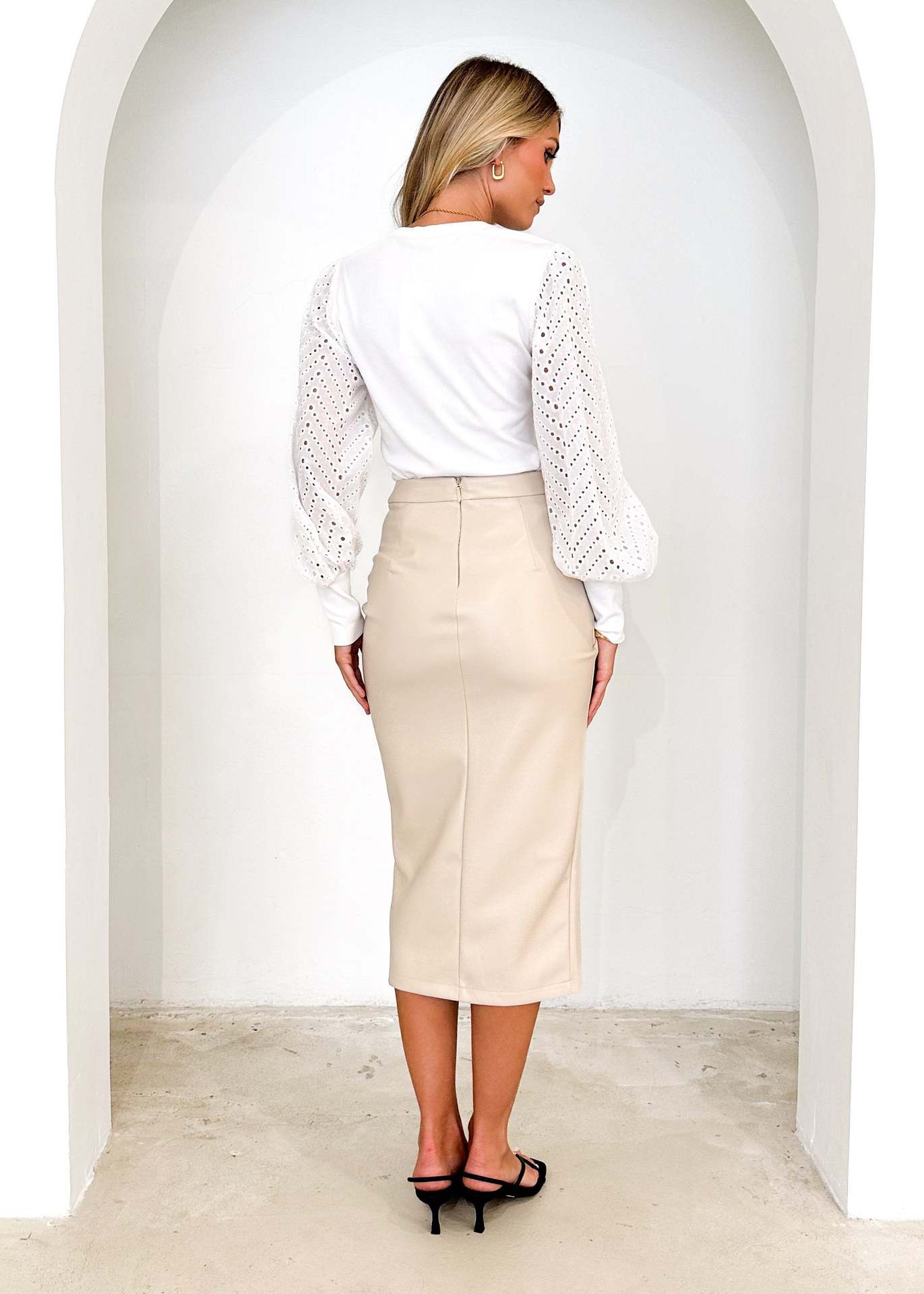 High Waisted Imitation Leather Skirt Ruched Detail