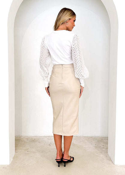 High Waisted Imitation Leather Skirt Ruched Detail