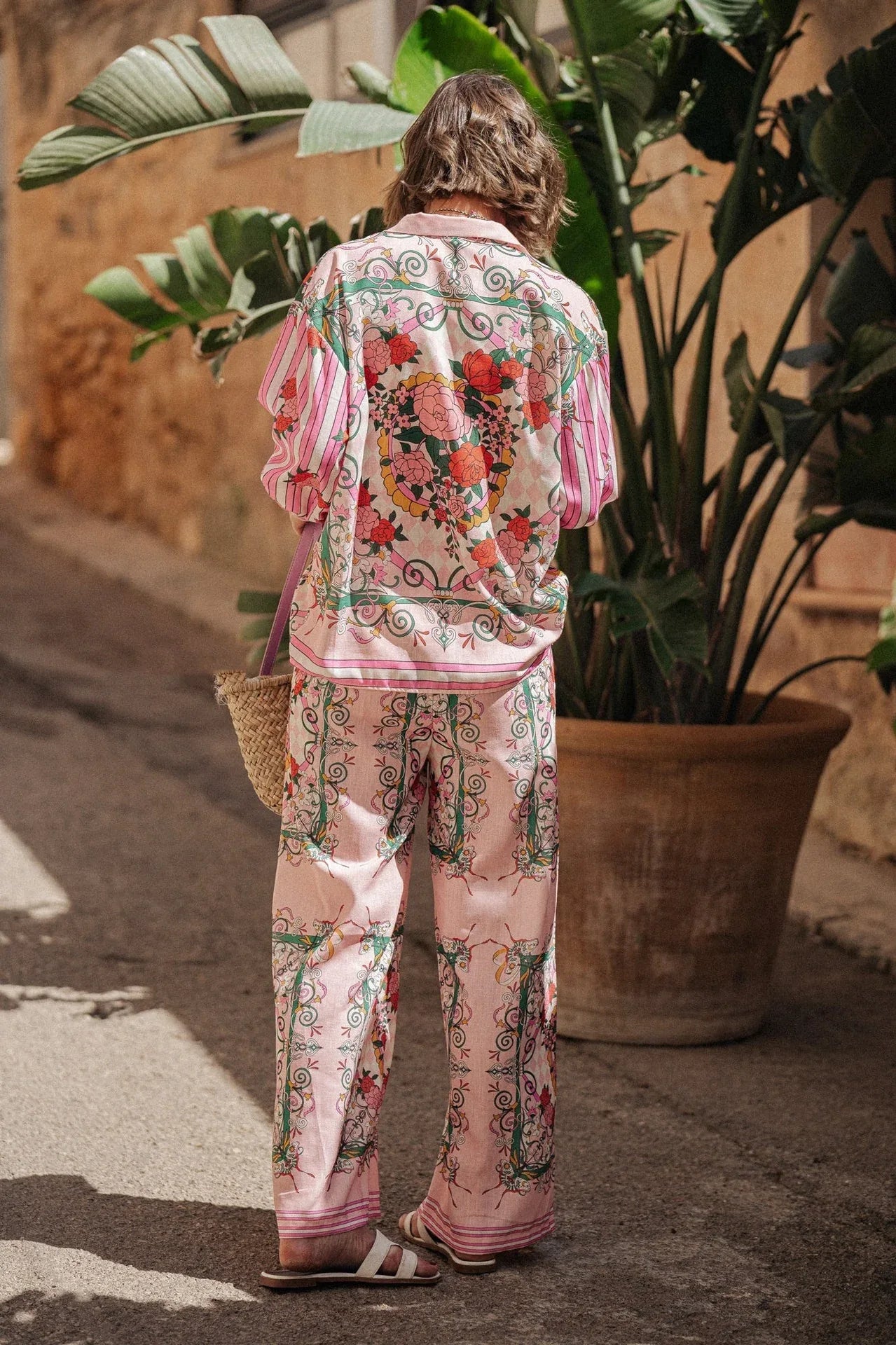 Printed macaron linen long sleeve two piece set