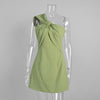 Women’s Green One Shoulder Knot Front Mini Dress