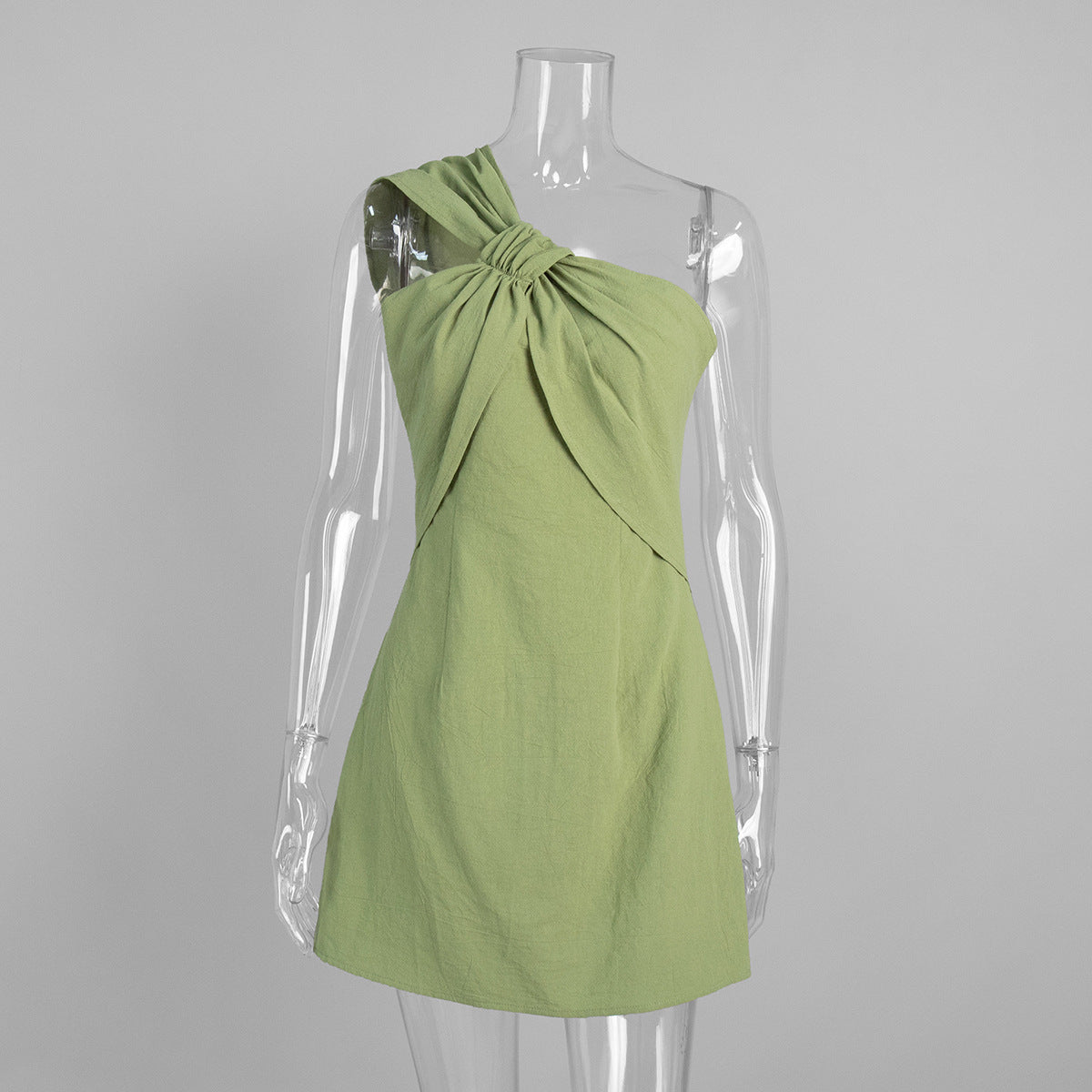 Women’s Green One Shoulder Knot Front Mini Dress