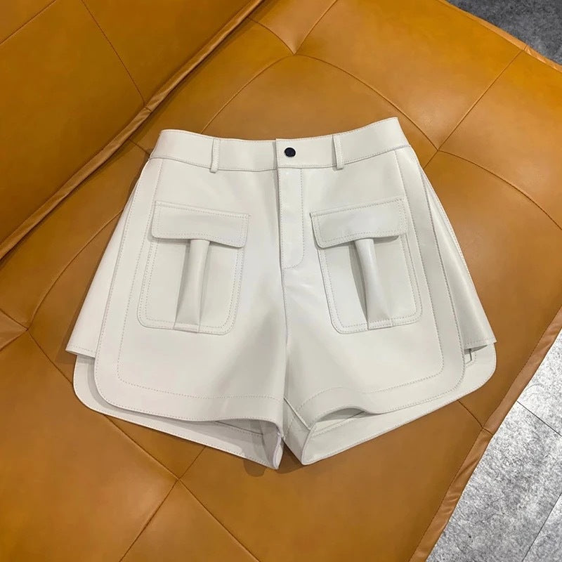 Women Genuine Leather Workwear Shorts High Waisted