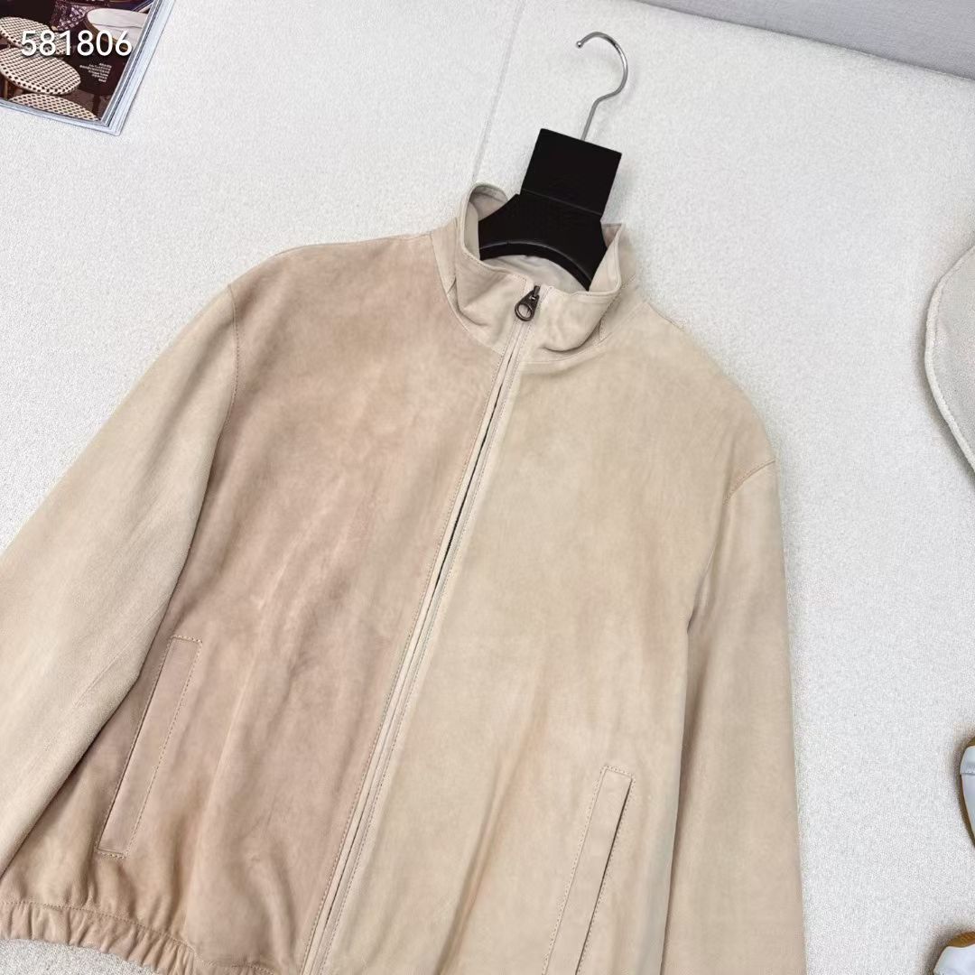 Women Beige Suede Bomber Jacket Real Suede Zip-Up Coat