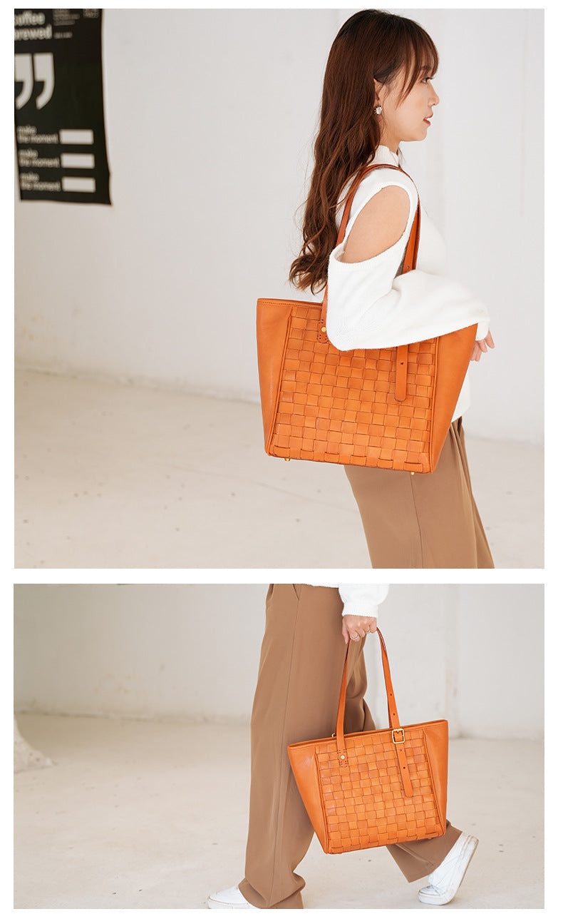 Woven Leather Tote Bag for Women Large Capacity