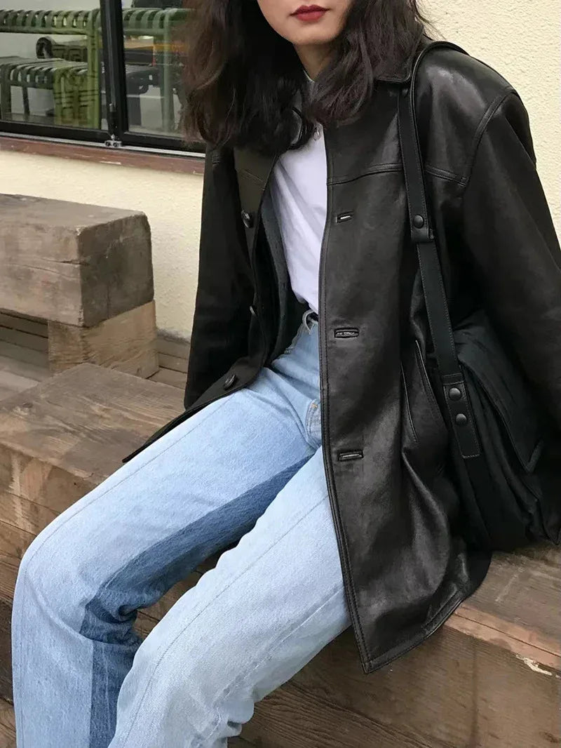 Women Genuine Leather Jacket Oversized Mid-Length Bomber Coat