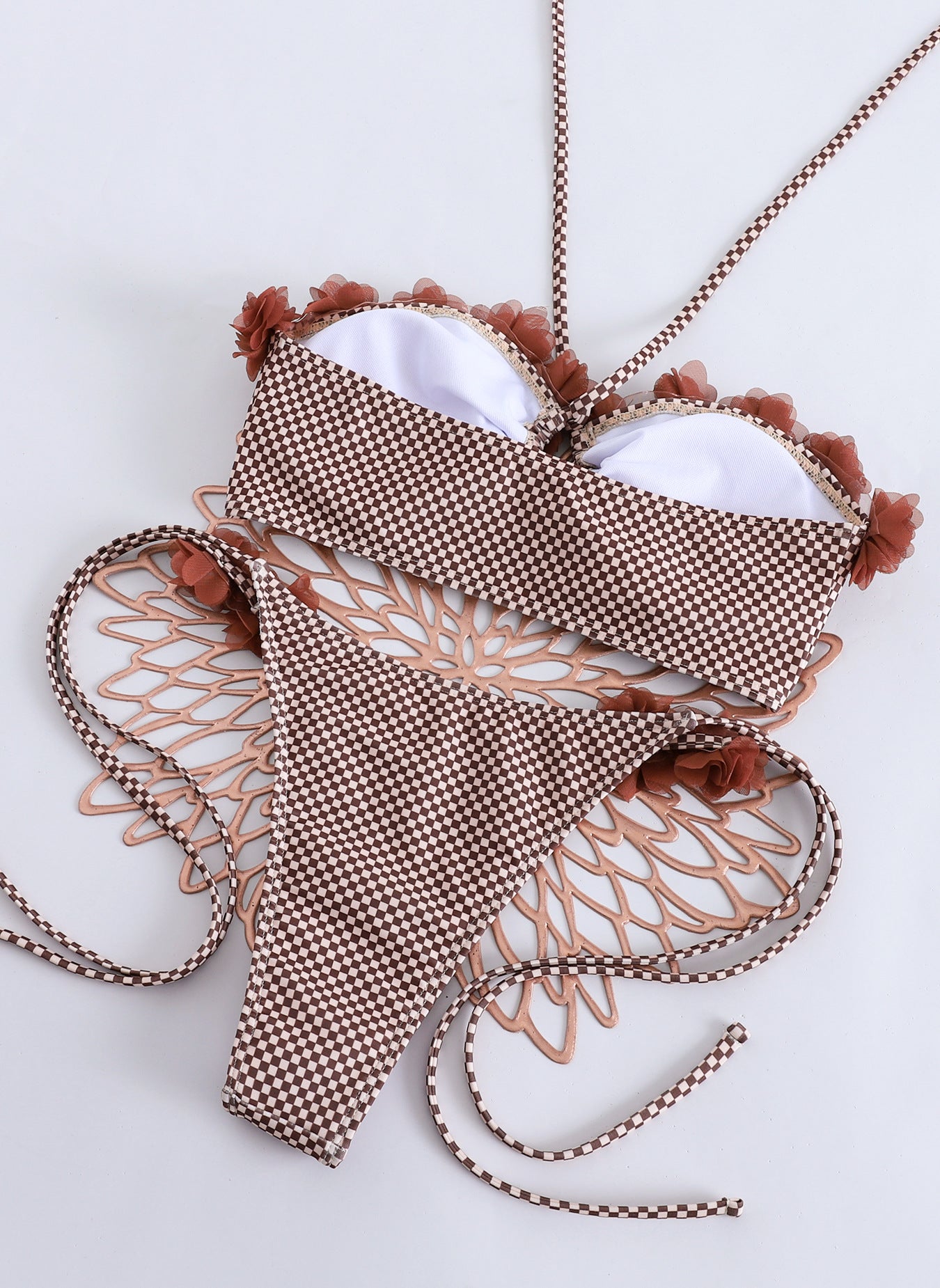 Brown Checkered Two Piece Bikini Set with Floral Appliqués