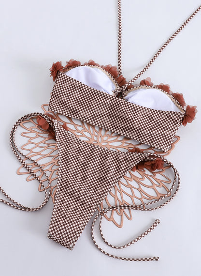 Brown Checkered Two Piece Bikini Set with Floral Appliqués