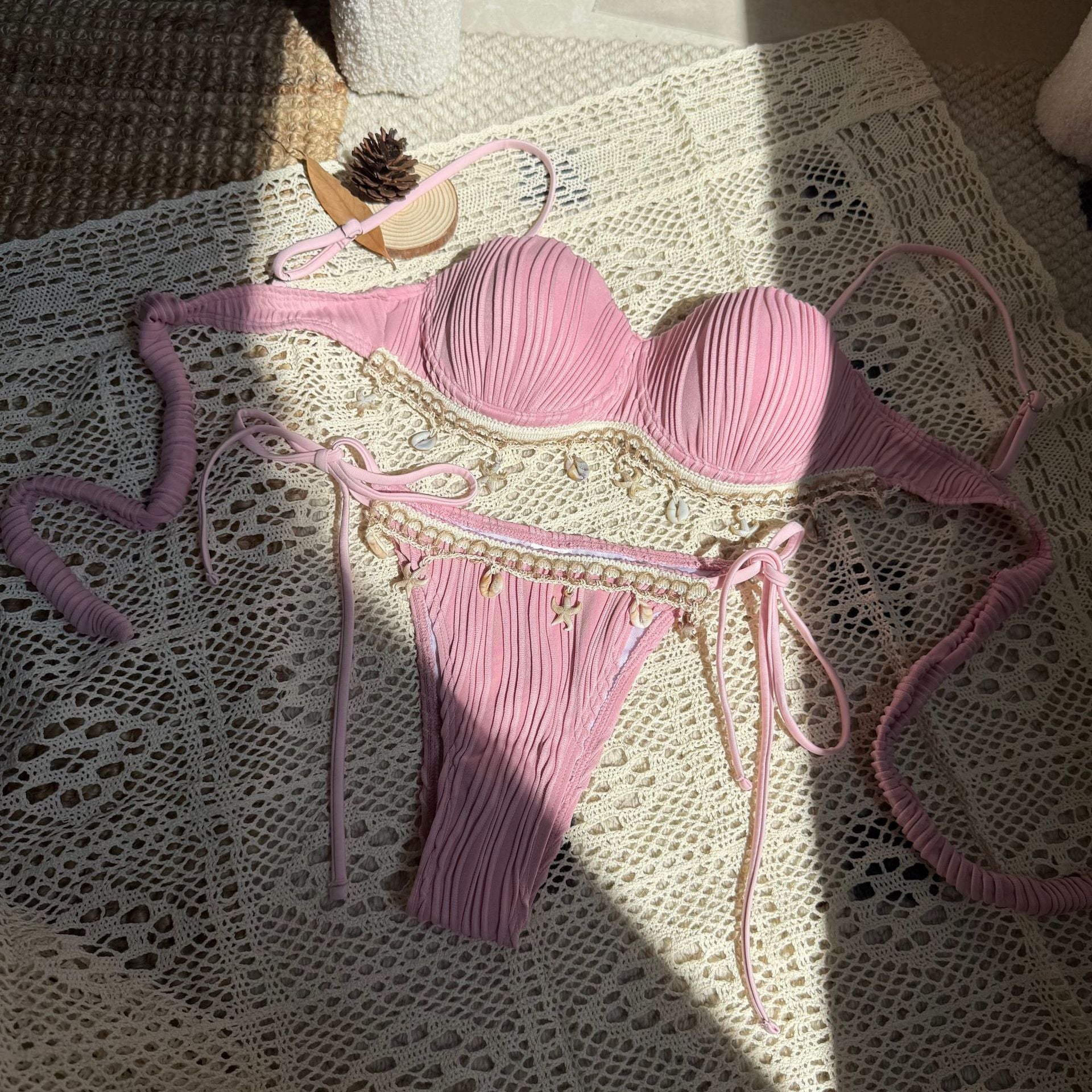 Cream Two Piece Bikini Set with Shell Charm Trim