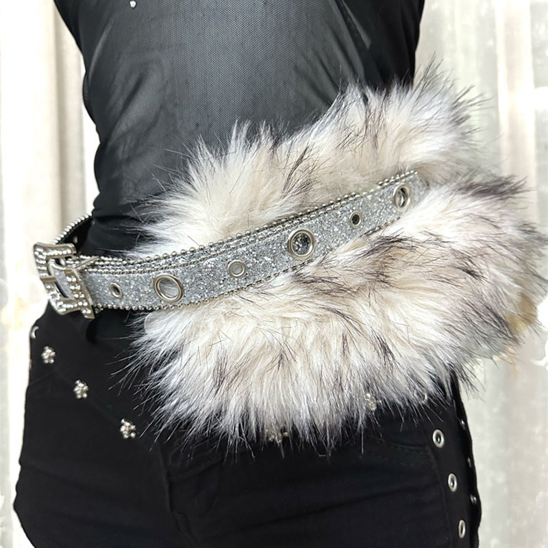 Faux fur diamond waist belt women y2k rhinestone punk style