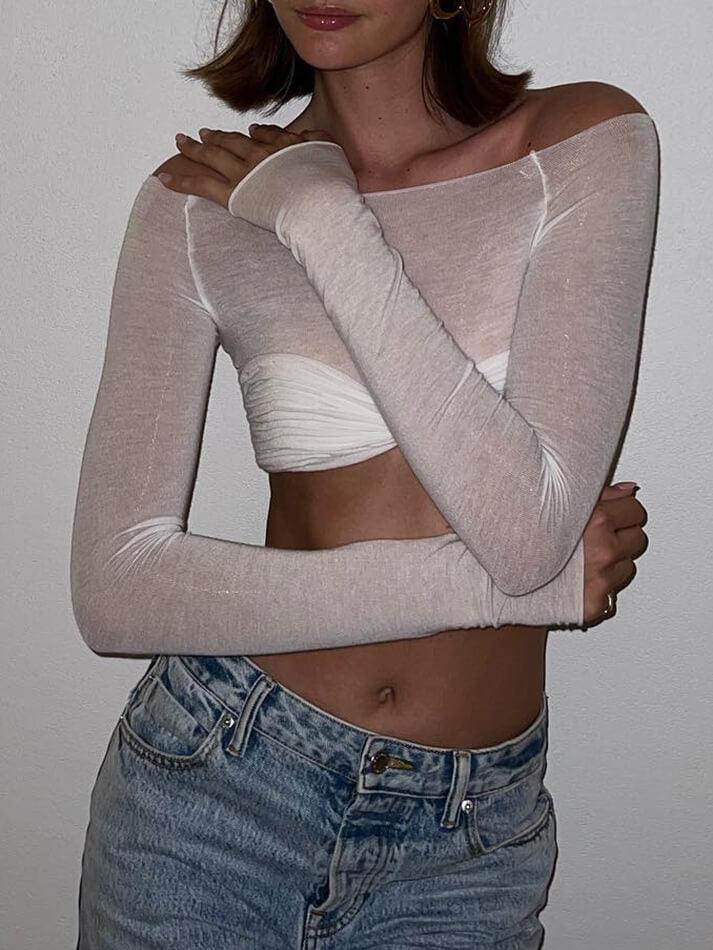 Women’s One Shoulder Exposed Waist Mesh Crop Top Long Sleeve Blouse