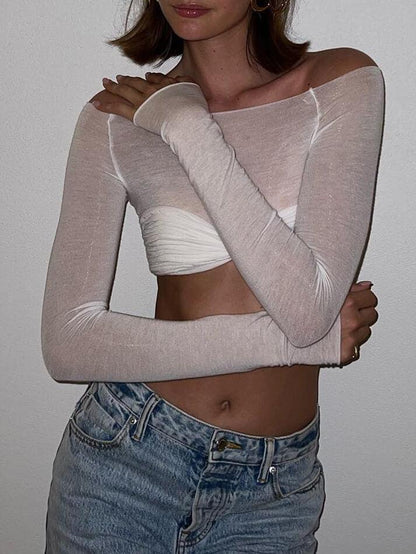 Women’s One Shoulder Exposed Waist Mesh Crop Top Long Sleeve Blouse