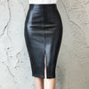 Women's Black High Waist PU Leather Slit Pencil Skirt
