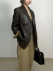 Women Leather Jacket Mid-Length Blazer with Suede Cuffs