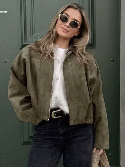 Women Faux Suede Textured Pilot Jacket Oversized