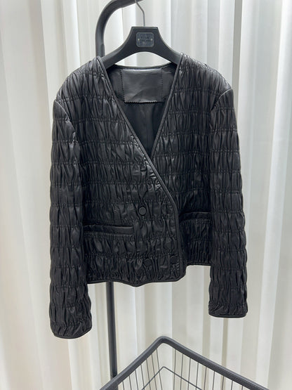 Women Leather Pleated Jacket Quilted V-Neck Short Coat