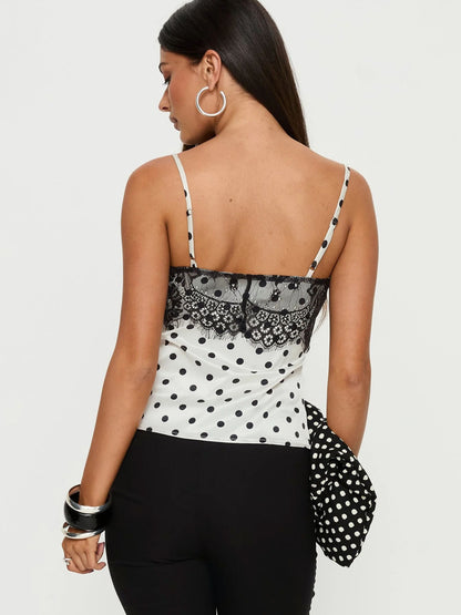 Women’s Polka Dot Lace Trim Satin Camisole Top