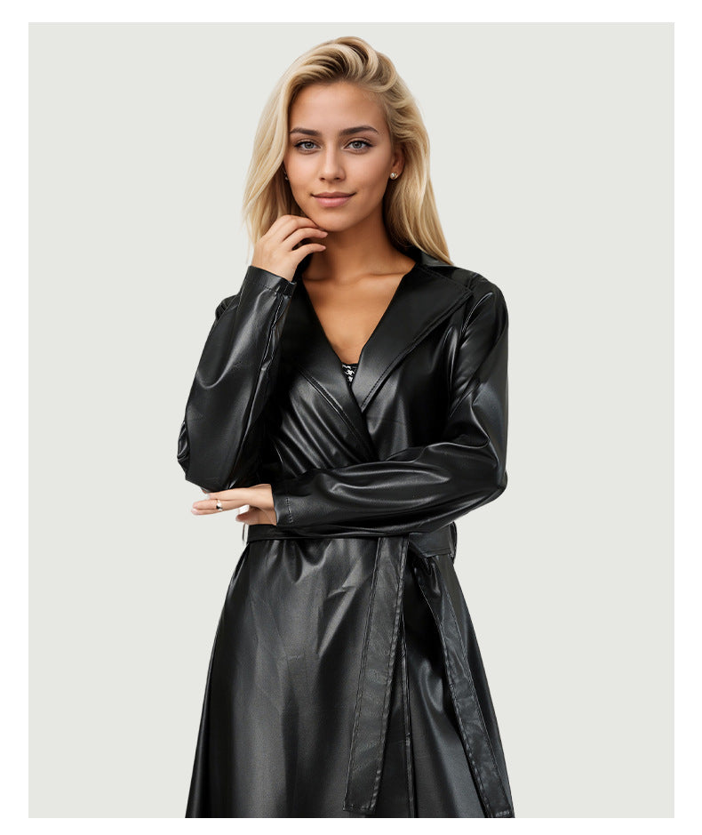Black Faux Leather Trench Coat with Belted Waist