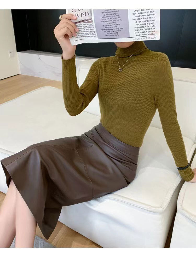 High waisted genuine leather midi skirt