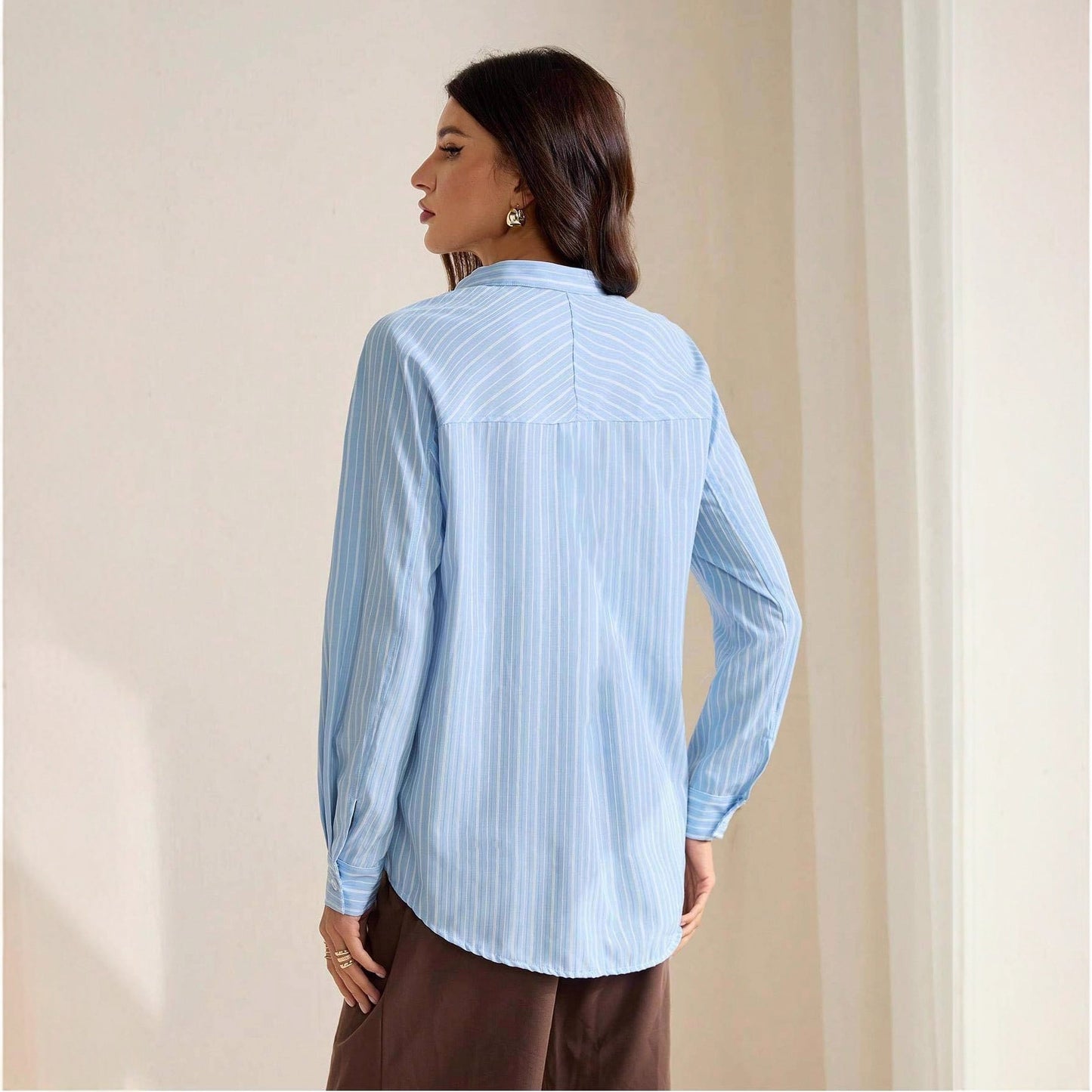 Classic Striped Drop Shoulder Shirts For Ladies