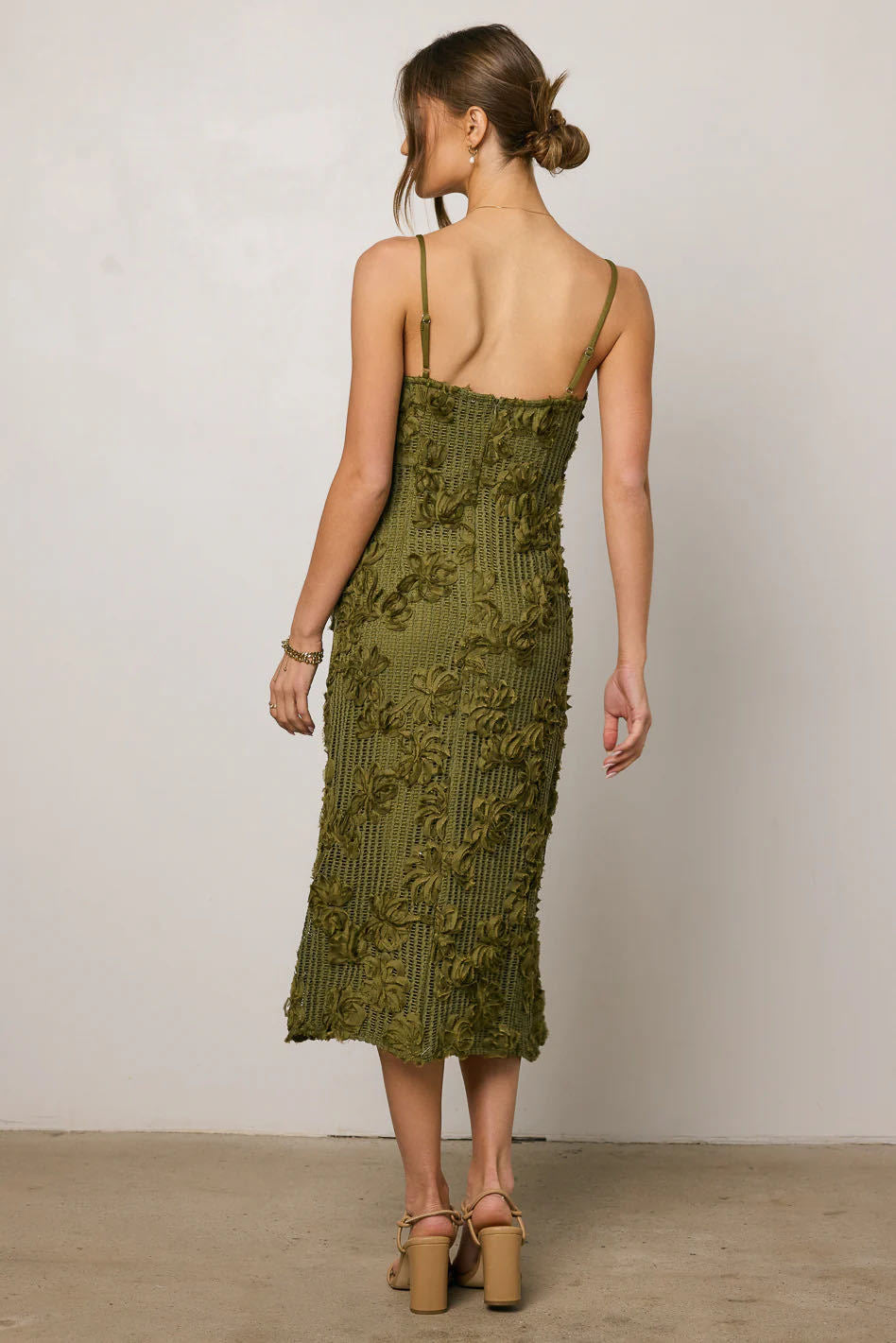 Olive Lace Jacquard Dress with Spaghetti Straps and Midi Length