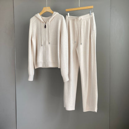 Women Cashmere Wool Knit Hoodie and Pants Set