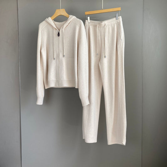 Women Cashmere Wool Knit Hoodie and Pants Set