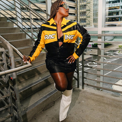 Yellow and Black Faux Leather Biker Jacket Women